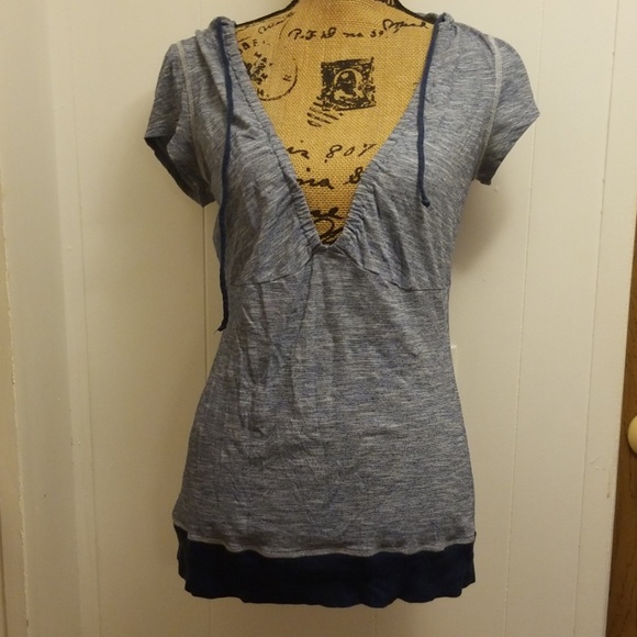 Nautical Blue Deep V Hooded Short sleeve Top Tee - Picture 2 of 4
